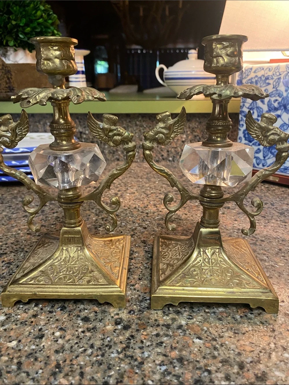 Vintage Brass & Faceted Crystal Candlestick Holders Pair